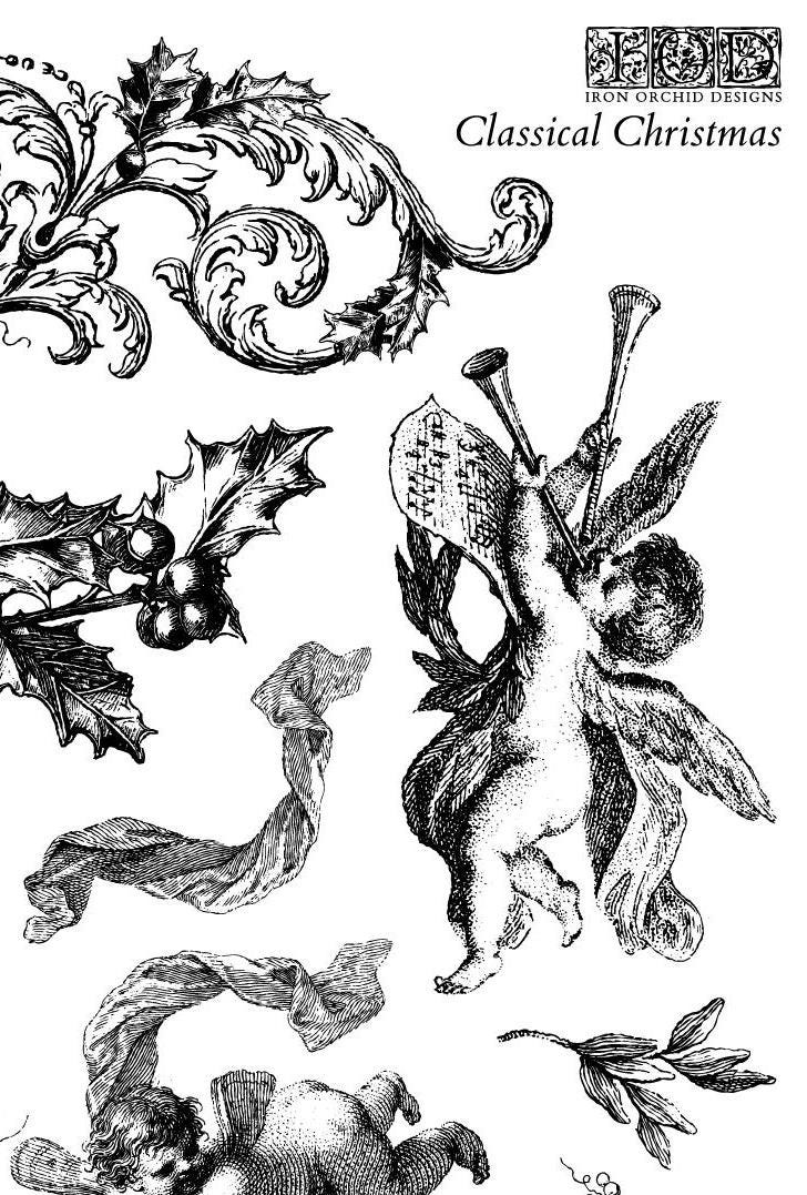 IOD Classical Christmas Stamp, Iron Orchid Design, Renaissance Christmas Holiday, Cherubs, Angels, Scroll Frame, Holly, Ships in 1 day!
