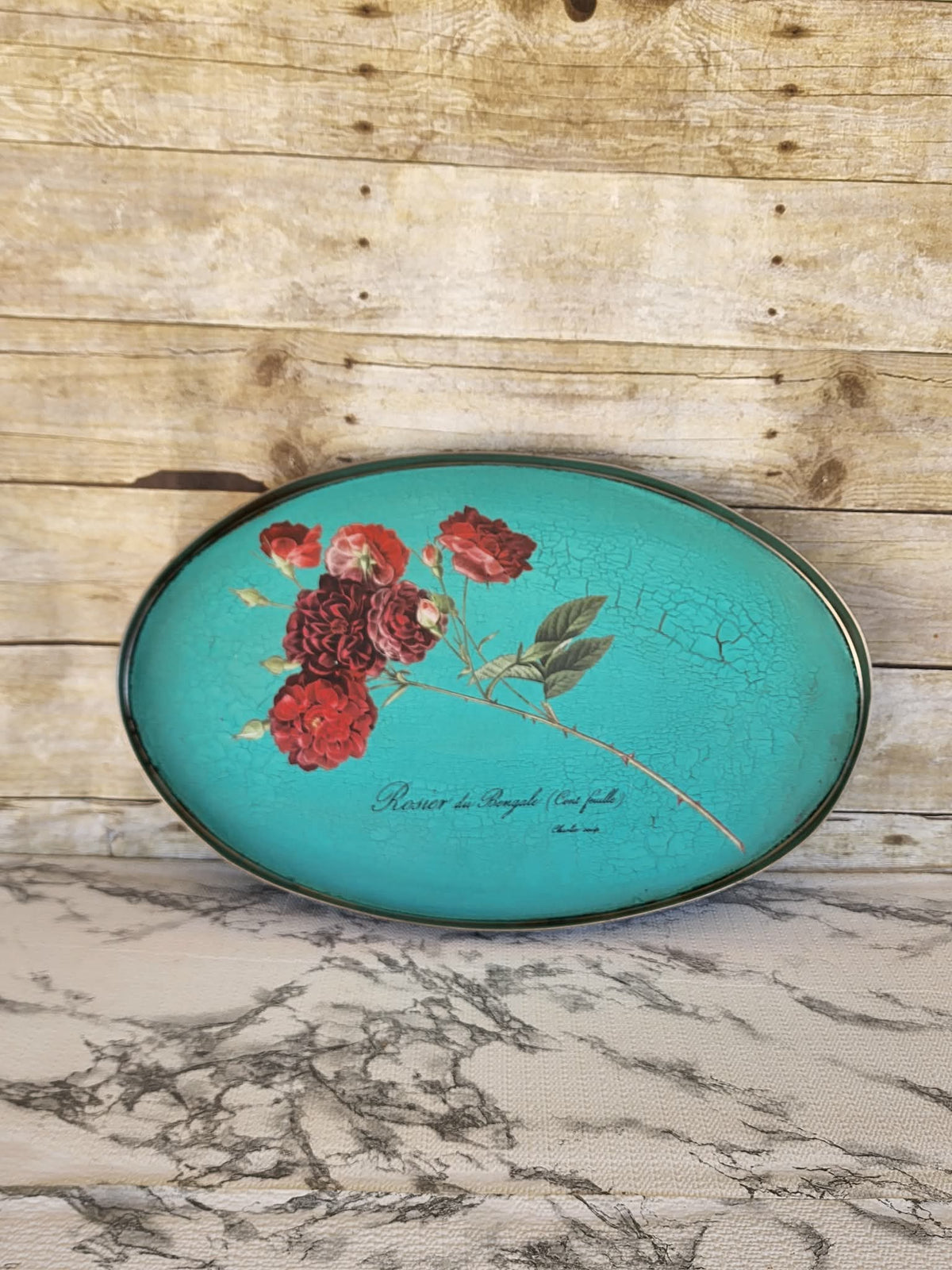 Redoute II Floral Oval Tray – Patina + Bleu Bohemia Finish