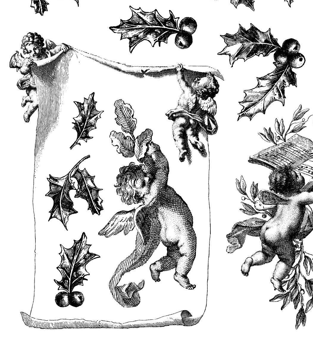 IOD Classical Christmas Stamp, Iron Orchid Design, Renaissance Christmas Holiday, Cherubs, Angels, Scroll Frame, Holly, Ships in 1 day!