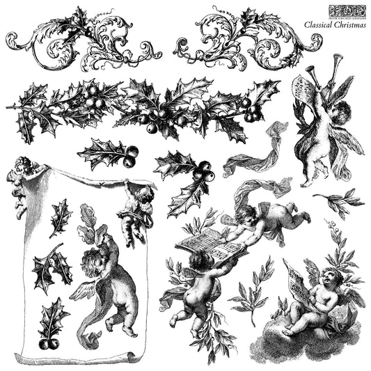 IOD Classical Christmas Stamp, Iron Orchid Design, Renaissance Christmas Holiday, Cherubs, Angels, Scroll Frame, Holly,  Ships in 1 day!