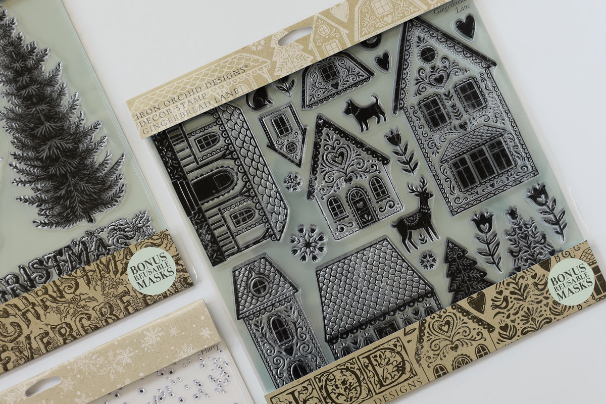 IOD Gingerbread Lane Stamp • Iron Orchid Designs • 12×12 Folk Art Christmas Village & Cottage Stamp with Masks • Ships in 1–2 Days