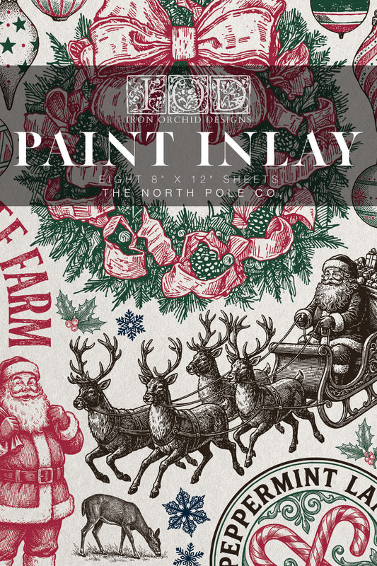 IOD The North Pole Co Transfer • Iron Orchid Designs • 8×12 Vintage Santa, Holiday Labels & Christmas Branding Art • Ships in 1–2 Days