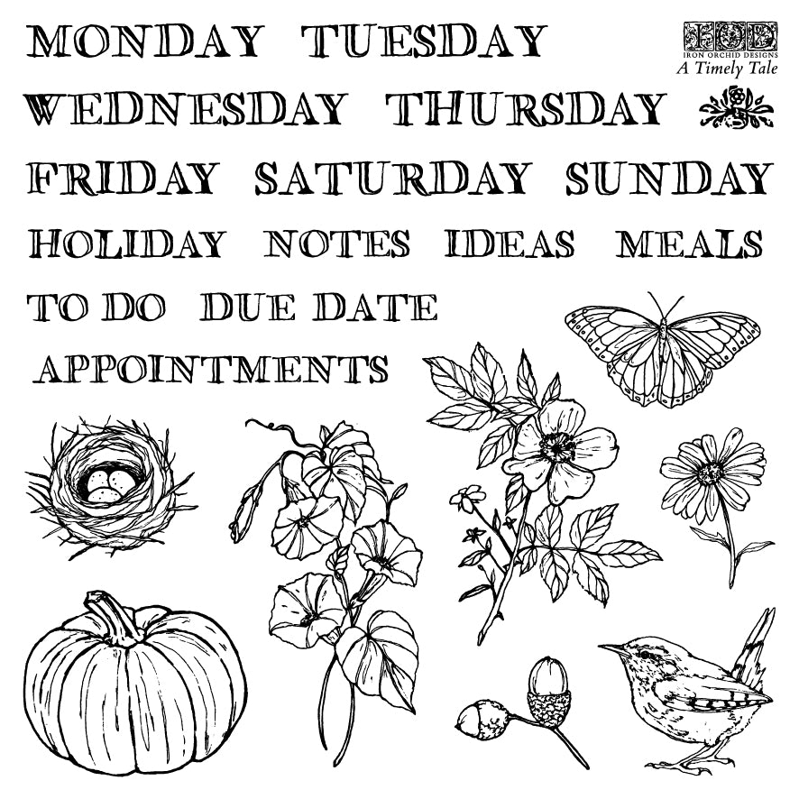 IOD A Timely Tale Stamp • Iron Orchid Designs • 6×6 Cottage Whimsy Planner & Bullet Journal Stamp Set • Ships in 1–2 Days