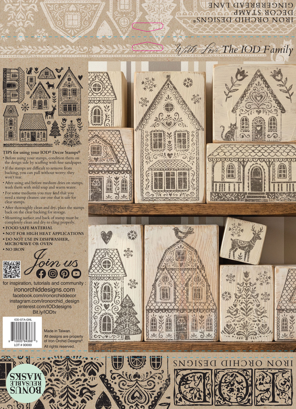 IOD Gingerbread Lane Stamp • Iron Orchid Designs • 12×12 Folk Art Christmas Village & Cottage Stamp with Masks • Ships in 1–2 Days