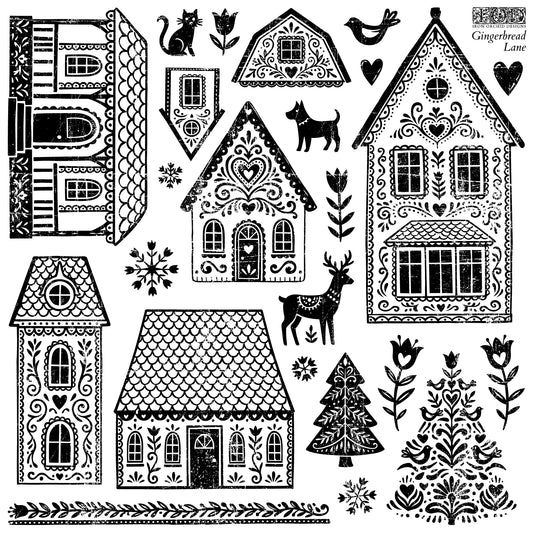 IOD Gingerbread Lane Stamp • Iron Orchid Designs • 12×12 Folk Art Christmas Village & Cottage Stamp with Masks • Ships in 1–2 Days