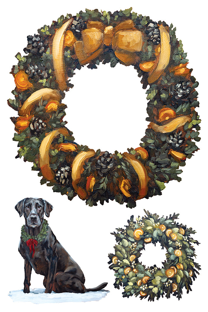 IOD A Cotswold Christmas Transfer • Iron Orchid Designs • 8×12 English Countryside Holiday Wreaths & Farmhouse Animals • Ships in 1–2 Days