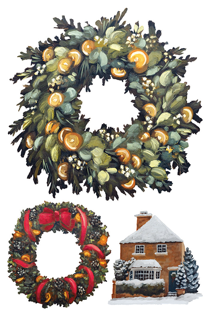 IOD A Cotswold Christmas Transfer • Iron Orchid Designs • 8×12 English Countryside Holiday Wreaths & Farmhouse Animals • Ships in 1–2 Days