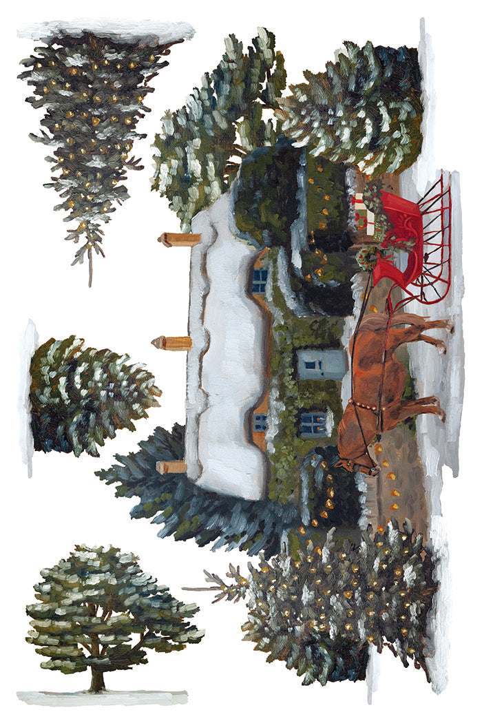 IOD A Cotswold Christmas Transfer • Iron Orchid Designs • 8×12 English Countryside Holiday Wreaths & Farmhouse Animals • Ships in 1–2 Days