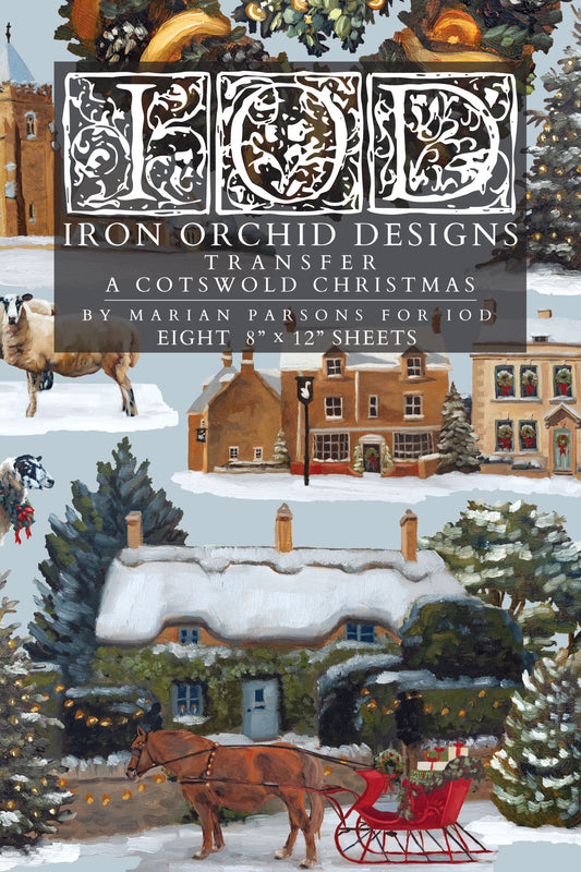 IOD A Cotswold Christmas Transfer • Iron Orchid Designs • 8×12 English Countryside Holiday Wreaths & Farmhouse Animals • Ships in 1–2 Days