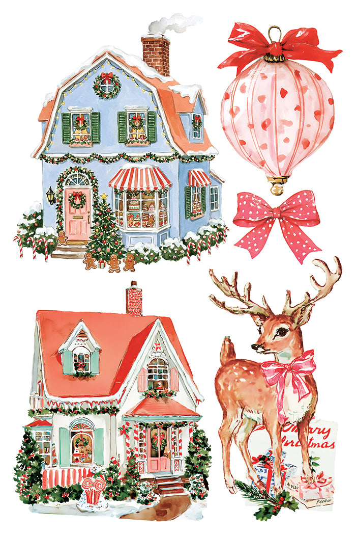 IOD Darling Holiday Transfer • Iron Orchid Designs • 8×12 Retro Christmas Cottage, Snowman & Vintage Holiday Art • Ships in 1–2 Days