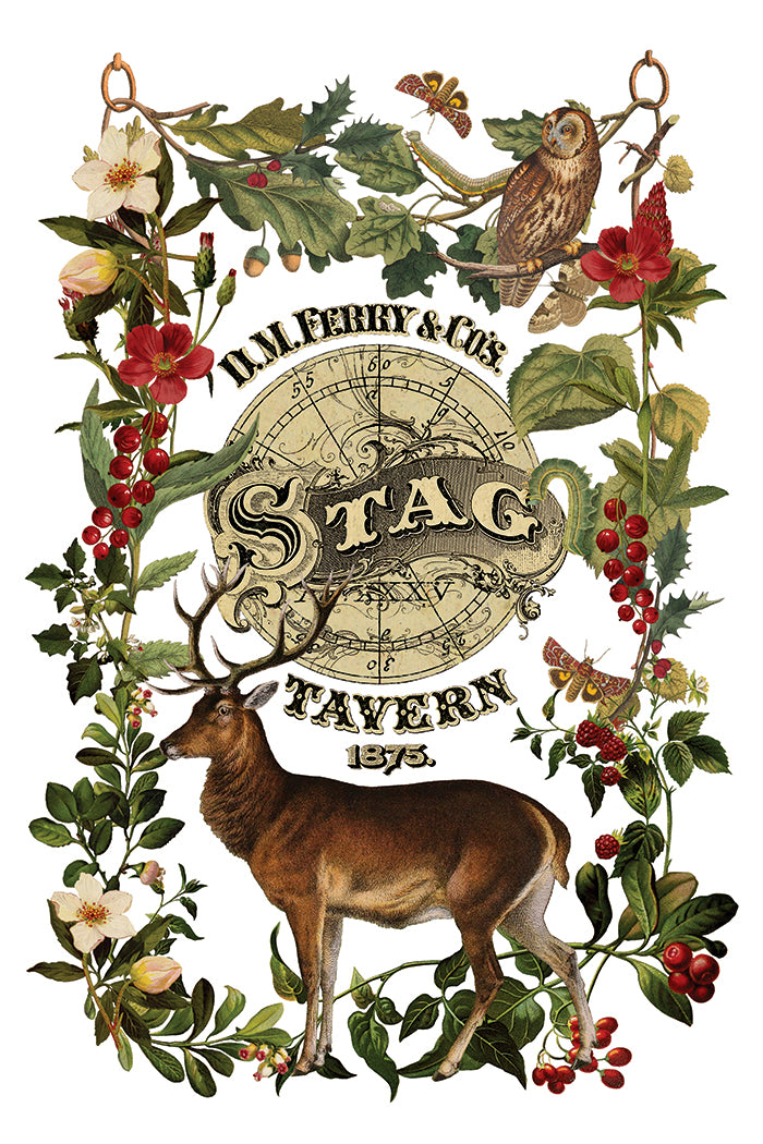 IOD Stag Tavern Transfer • Iron Orchid Designs • 8×12 English Pub Woodland Animals & Hunt Club Holiday Art • Ships in 1–2 Days