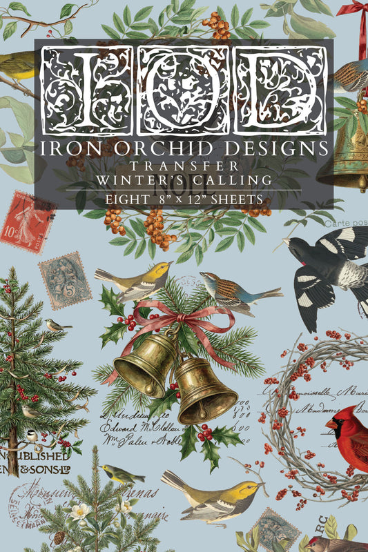 IOD Winter’s Calling Transfer • Iron Orchid Designs • 8×12 European Winter Botanicals & Birds Decor Transfer • Ships in 1–2 Days
