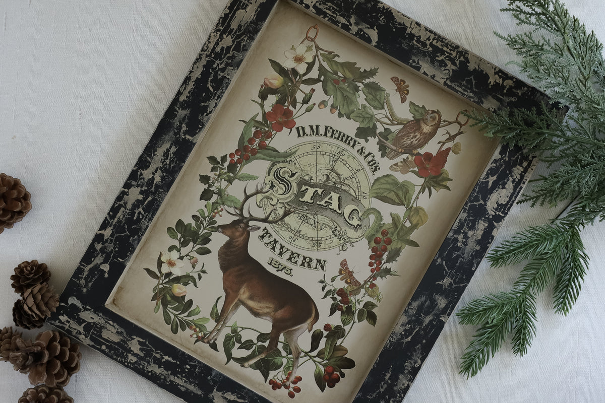 IOD Stag Tavern Transfer • Iron Orchid Designs • 8×12 English Pub Woodland Animals & Hunt Club Holiday Art • Ships in 1–2 Days