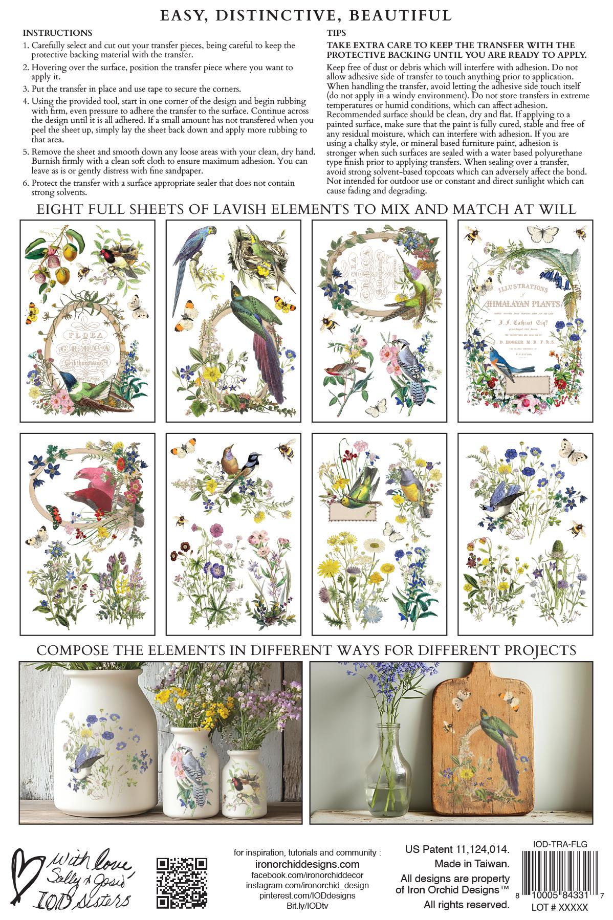 2026 IOD NEW Flora Greca Transfer Pad with (8) 8 x 12 Sheets, Iron Orchid Designs Rub-On Furniture Transfer Decal Botanicals