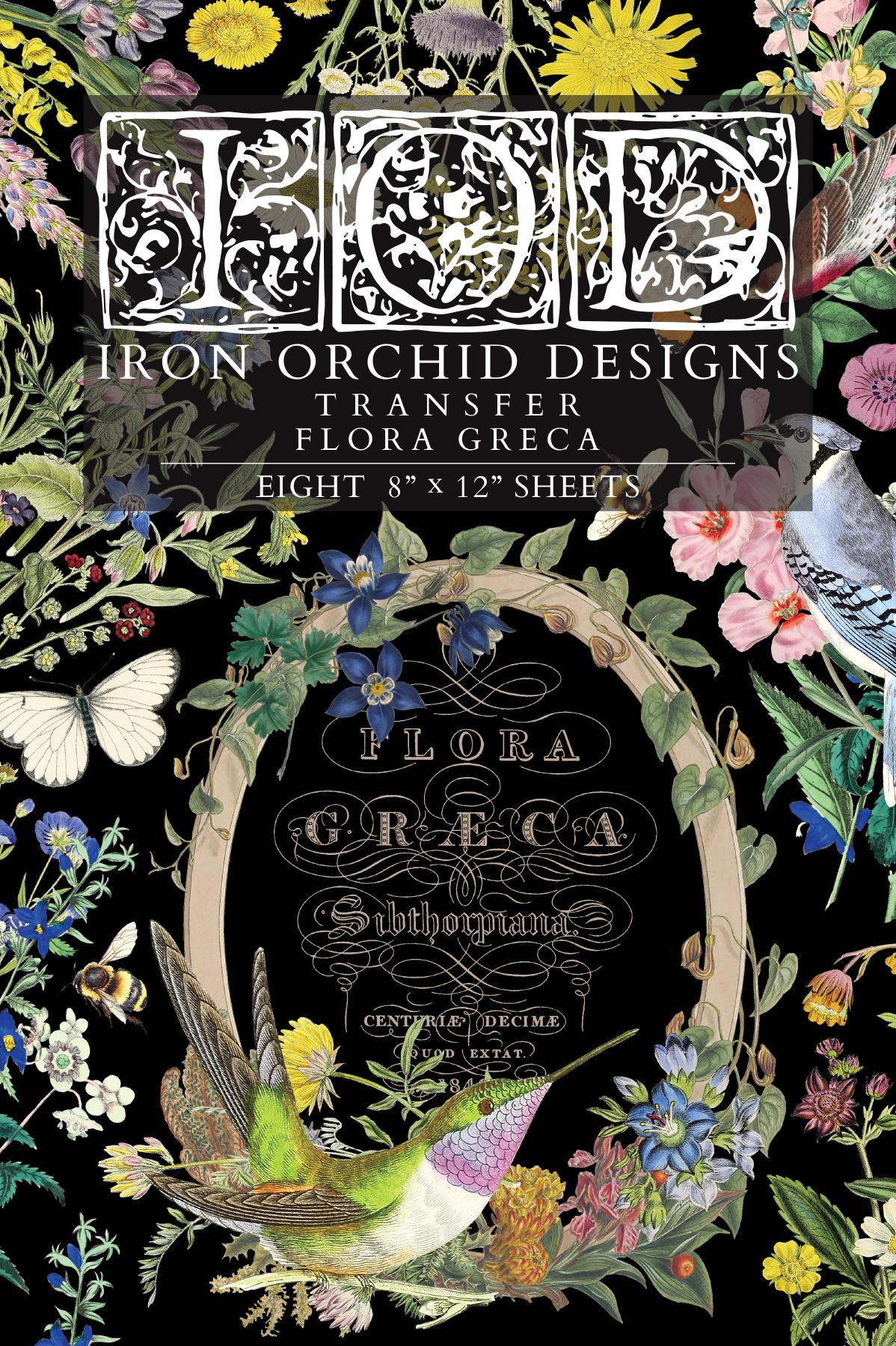 2026 IOD NEW Flora Greca Transfer Pad with (8) 8 x 12 Sheets, Iron Orchid Designs Rub-On Furniture Transfer Decal Botanicals