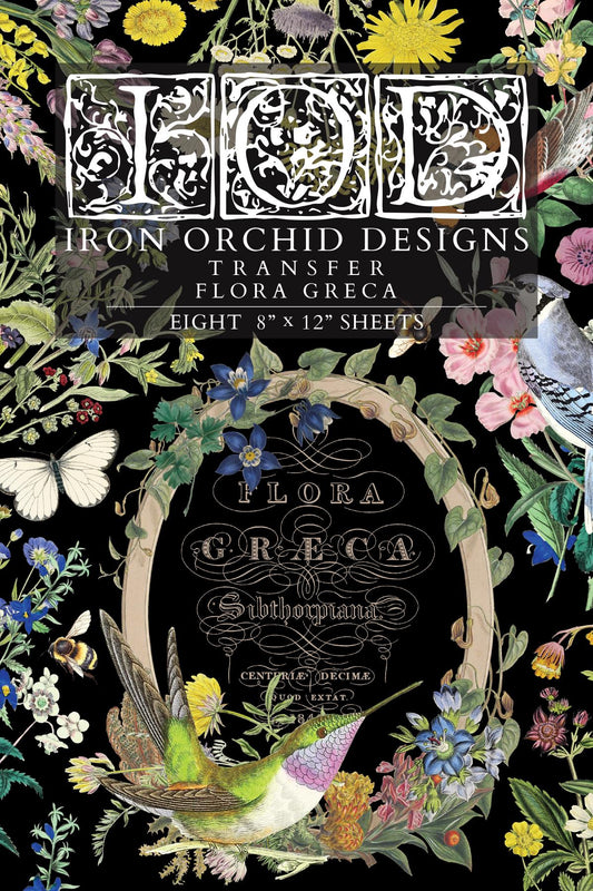 2026 IOD NEW Flora Greca Transfer Pad with (8) 8 x 12 Sheets, Iron Orchid Designs Rub-On Furniture Transfer Decal Botanicals