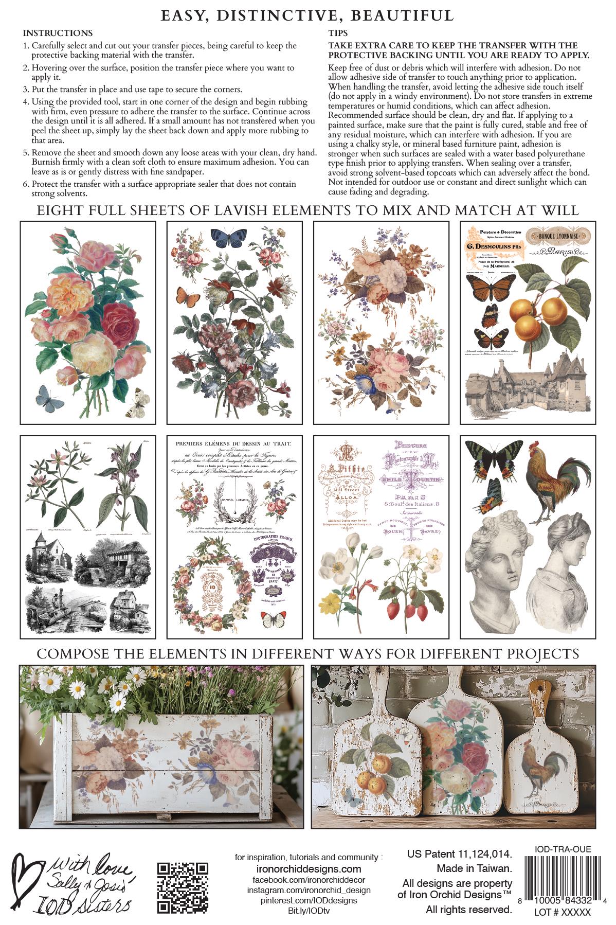 2026 IOD NEW Saint Ouen Transfer Pad with (8) 8 x 12 Sheets, Iron Orchid Designs Rub-On Furniture Transfer Decal Botanicals