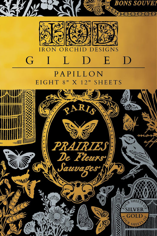 2026 IOD NEW Papillon Gold Foil Transfer Pad with (8) 12 X 8 Sheets by Iron Orchid Designs Rub-On Furniture Transfer Decal